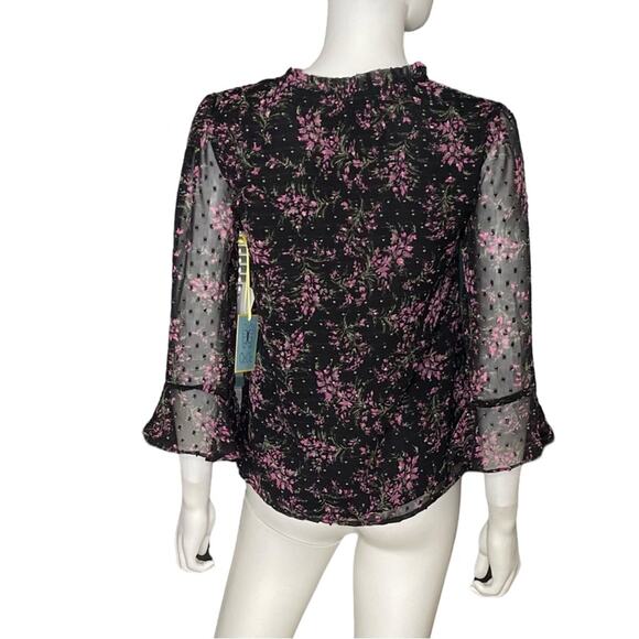 CeCe Floral Print Sheer Sleeve Blouse Black Women’s Sz XS - Picture 3 of 7